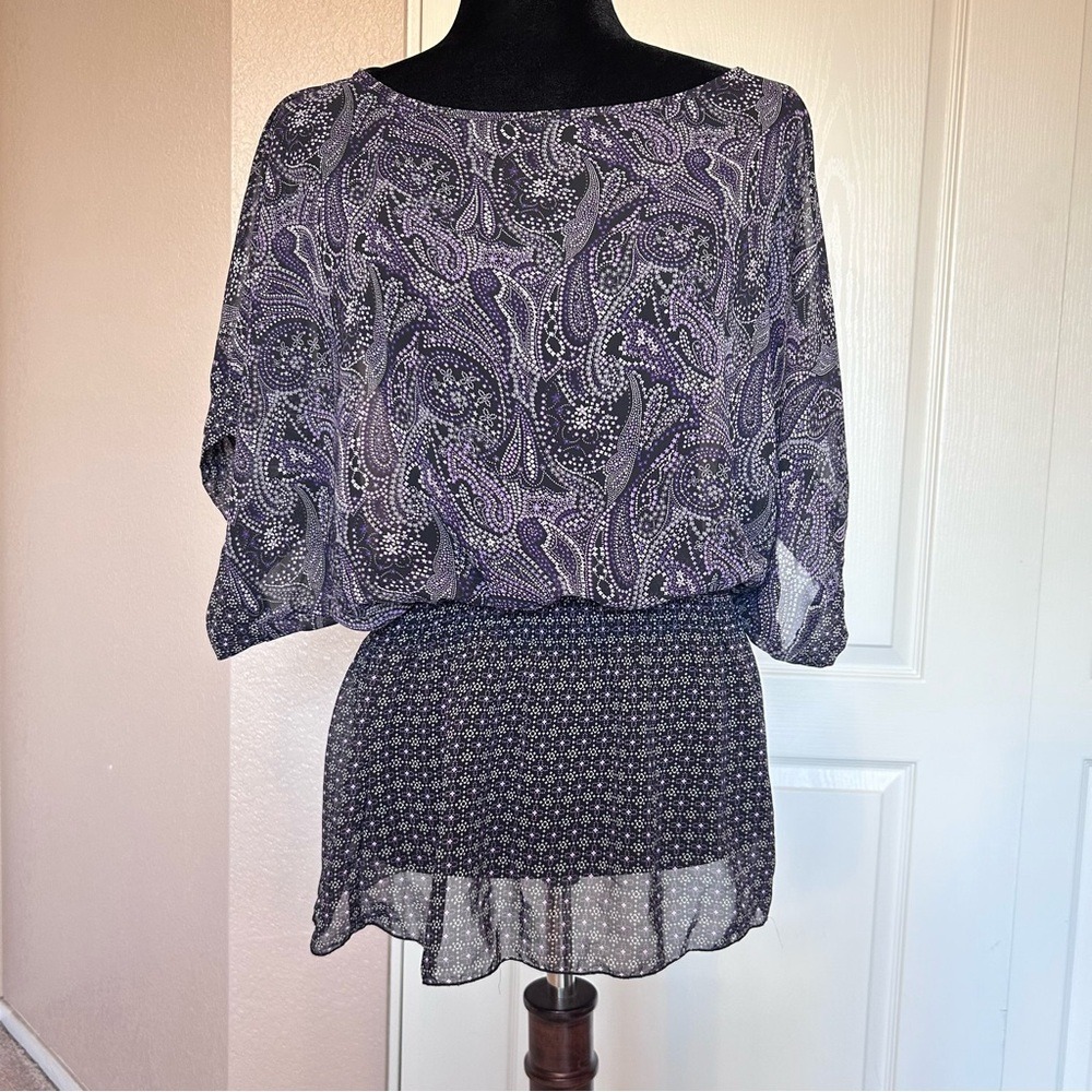 NWT Miley Cyrus Max‎ Azria Purple and Black Sheer Blouse Size Large